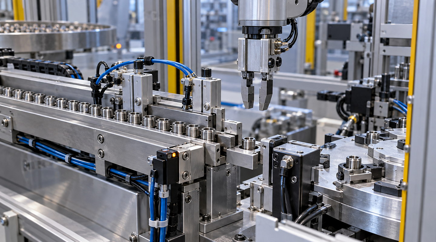 A close contextual view of a pneumatic escapement releasing one component from a populated track into an automated pick station.