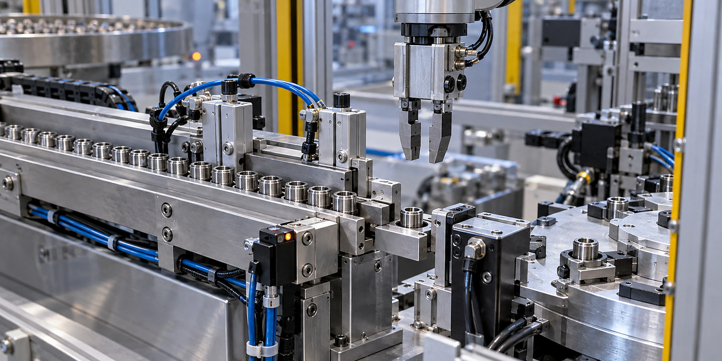 A close contextual view of a pneumatic escapement releasing one component from a populated track into an automated pick station.